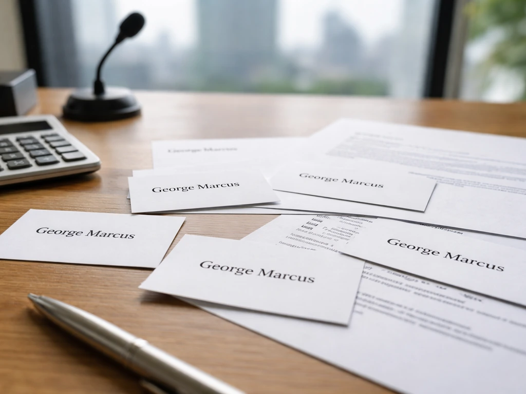 Close-up of scattered business cards and printouts marked “George Marcus” in different business contexts