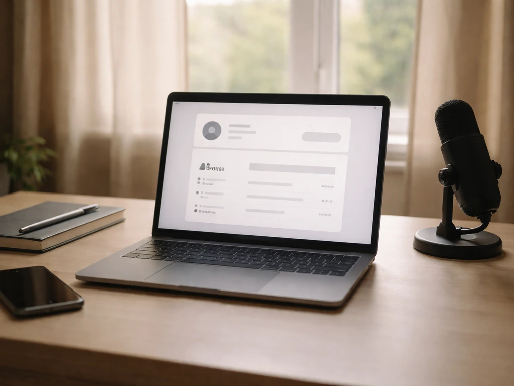 Minimal home office desk with laptop showing a generic financial profile panel, money-analysis mood.