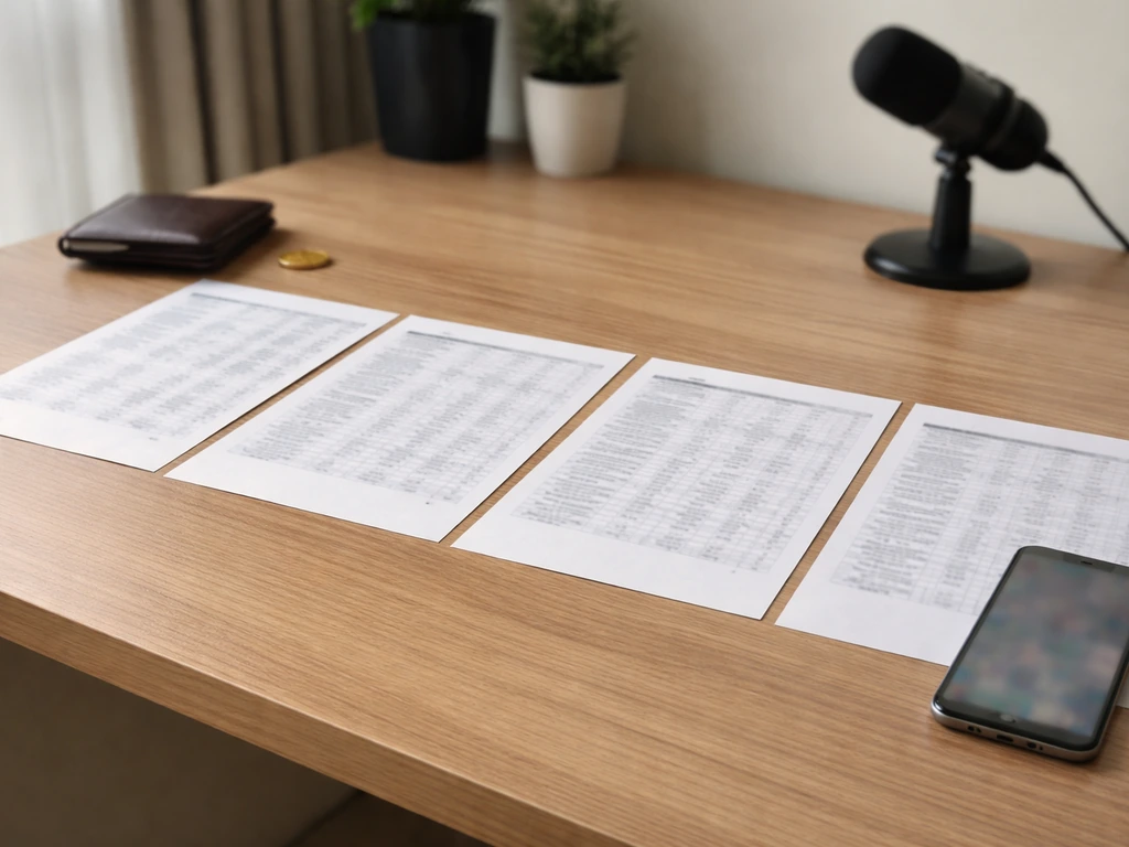Minimal office desk with papers and a smartphone showing a blurred, table-like estimates layout
