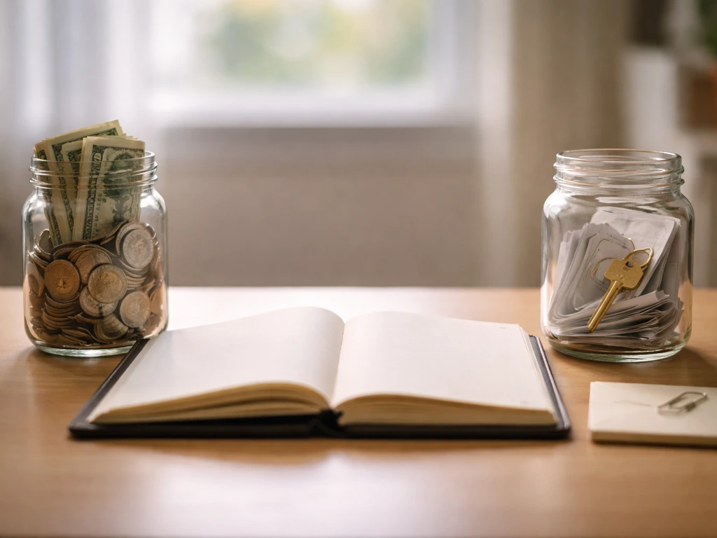 Minimal photo of a banker’s desk with money symbols and an open ledger, representing assets minus liabilities.