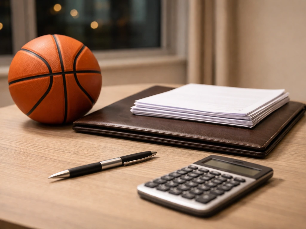 Minimal photo of a banker’s desk with an NBA draft-era style basketball and documents, symbolizing career earnings