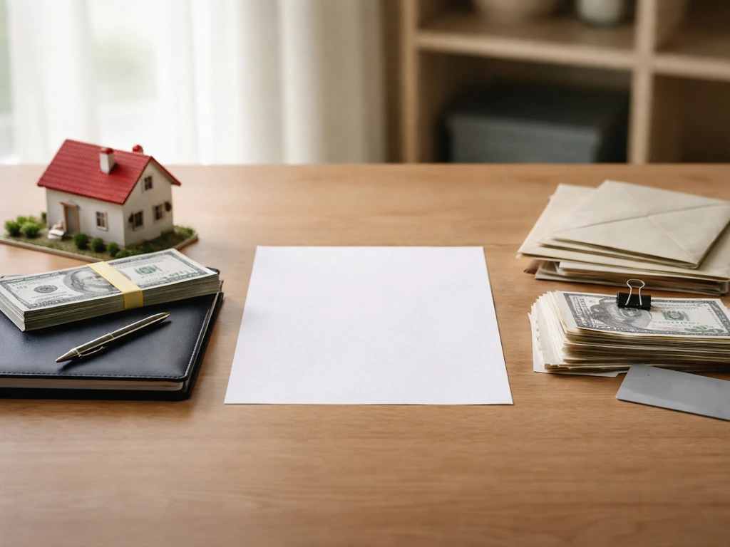 Minimal office desk showing assets on one side and liabilities on the other, symbolizing net worth.