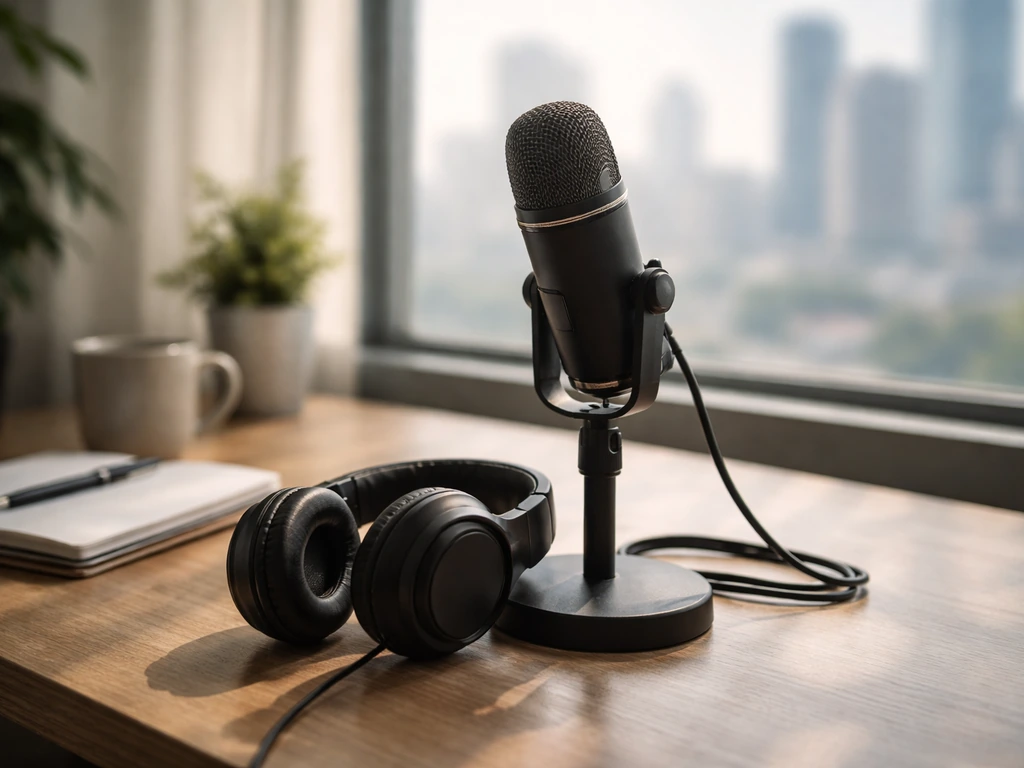A realistic close-up of a microphone and headphones on a quiet desk beside a shadowed city window at dusk