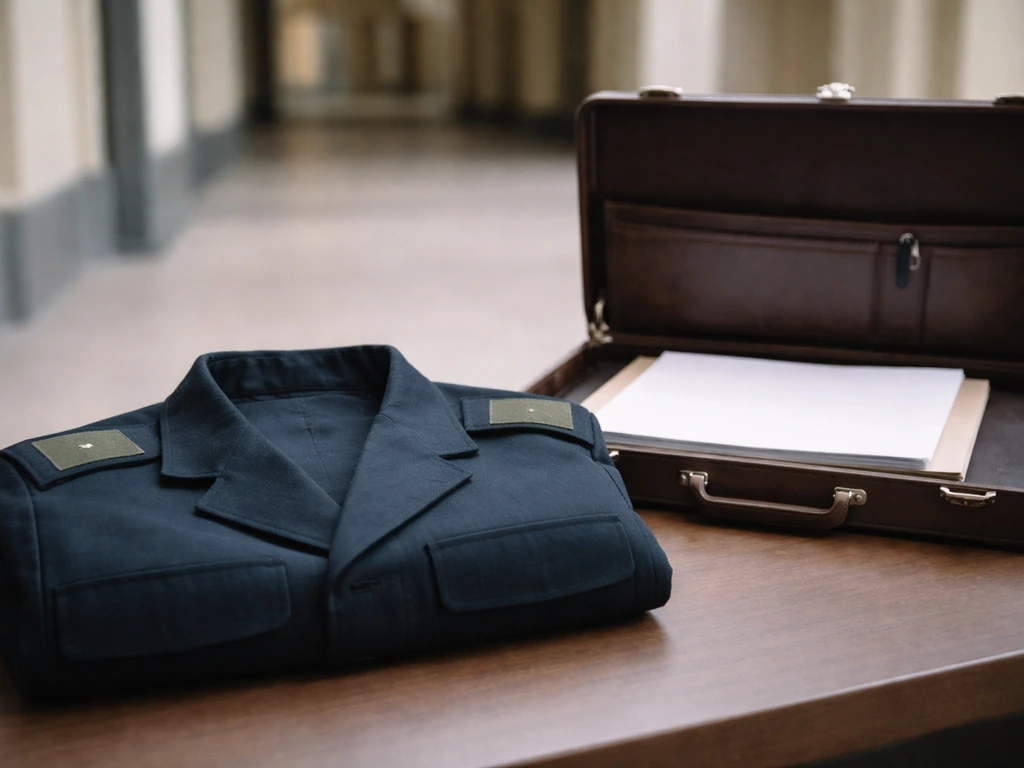 Folded military uniform beside an open transition briefcase with blank papers, no people.