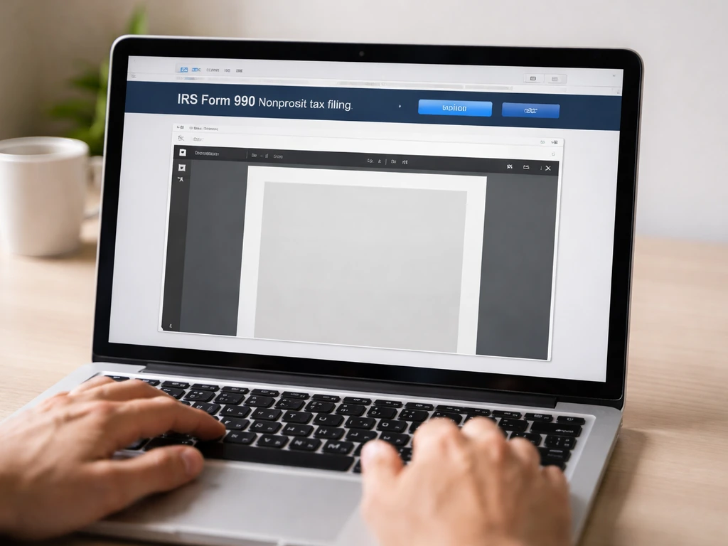 Close-up of a laptop screen showing a nonprofit tax filing page with an open PDF download panel