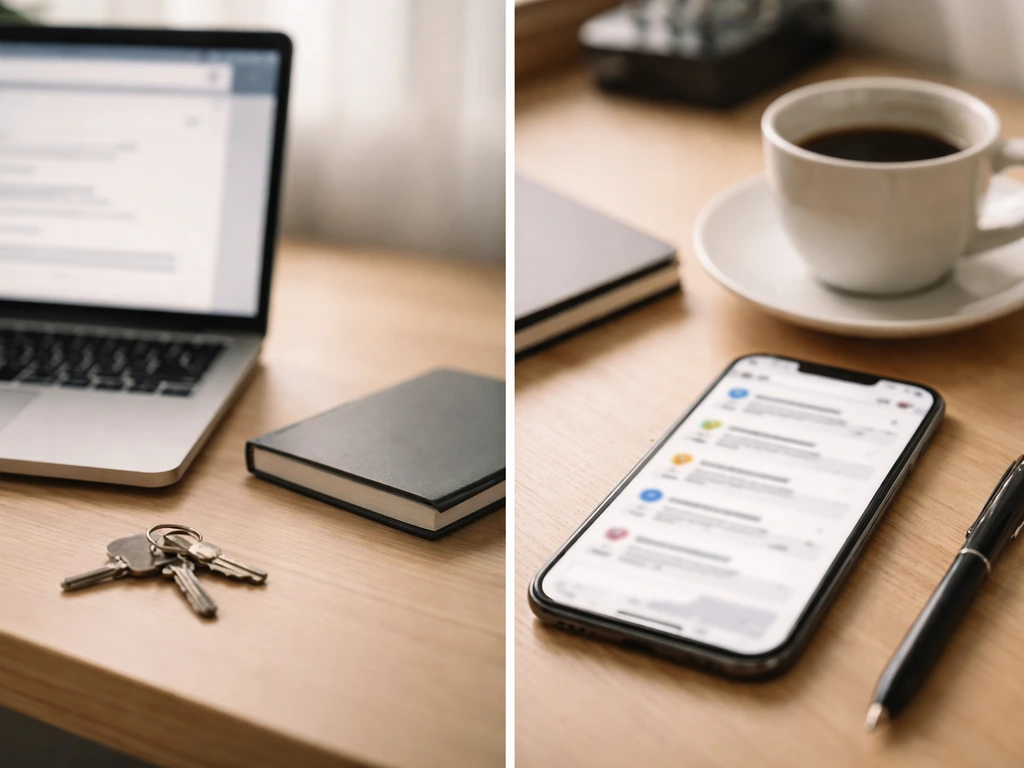 Minimal split-scene showing anonymous laptop and smartphone with money-business vibe, no readable text