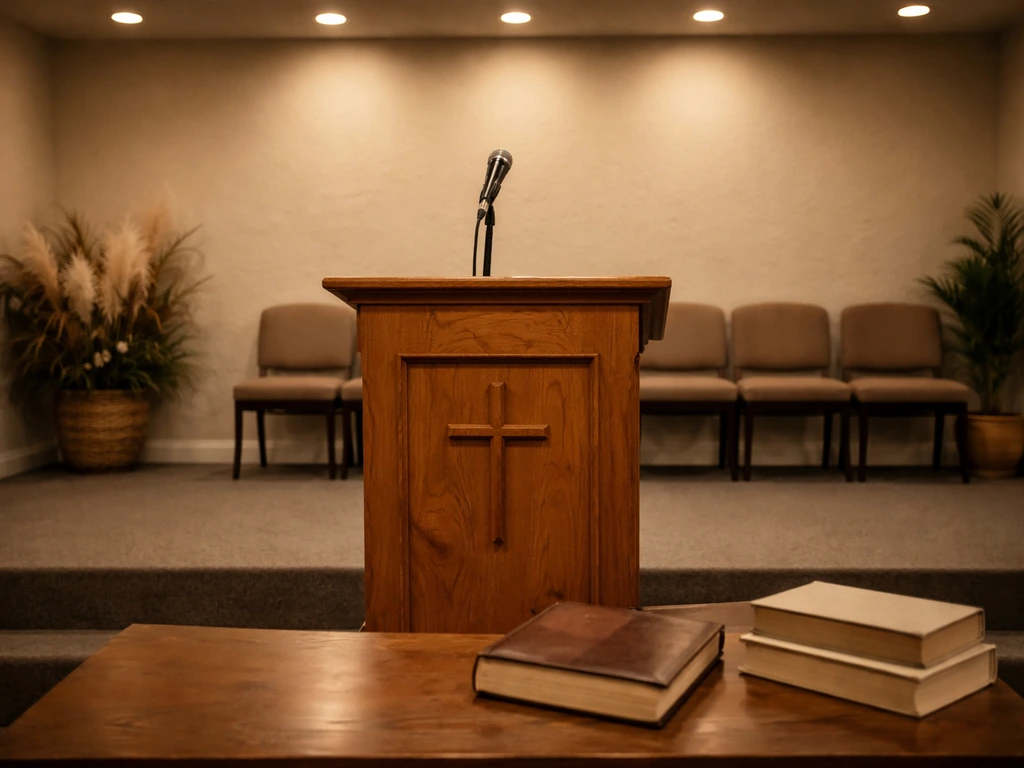 Empty church stage with microphone and books, symbolizing ministry speaking and publishing.