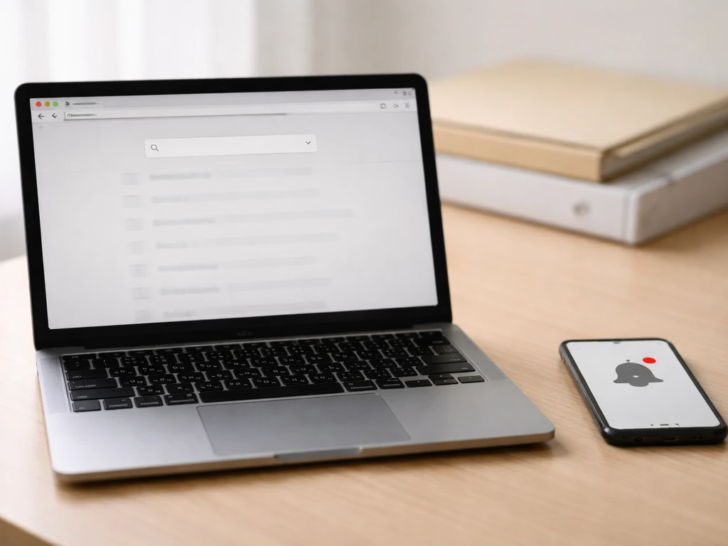 Laptop and phone on a desk suggest monitoring and verifying corporate records, screenshot-like minimal collage.