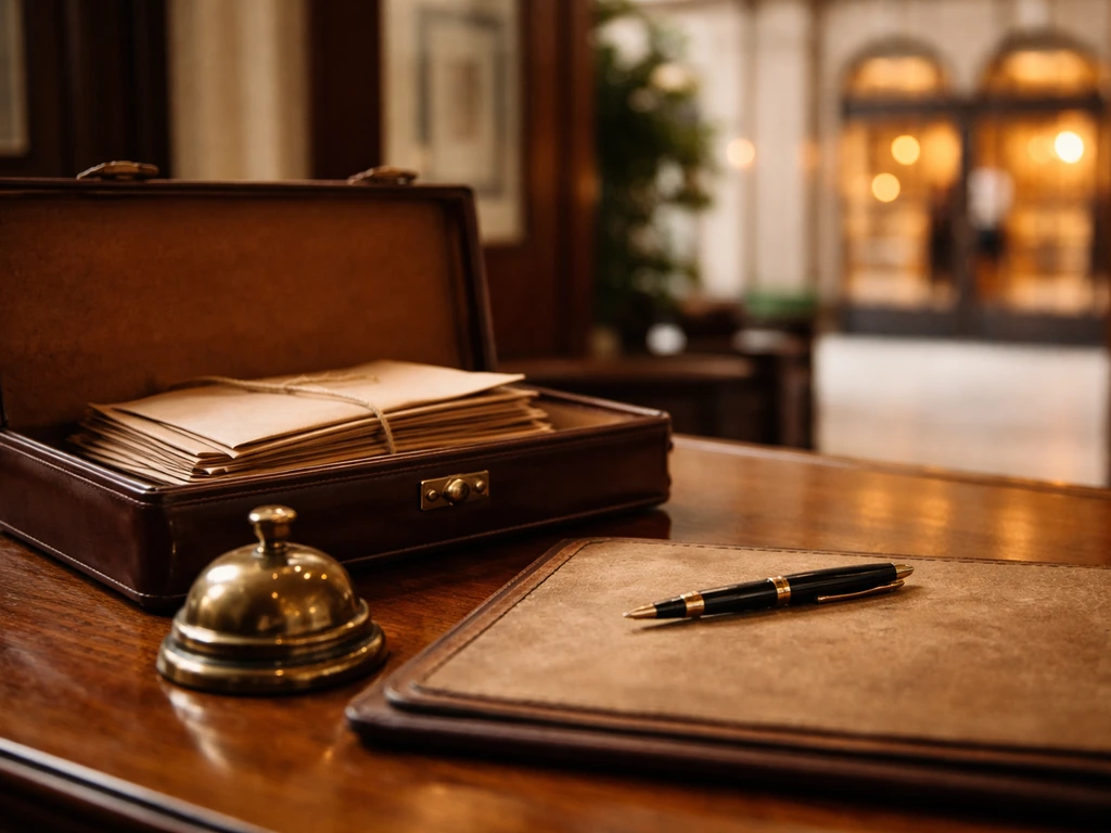 Warm historic office scene with a leather briefcase and vintage business items suggesting the Neiman Marcus connection
