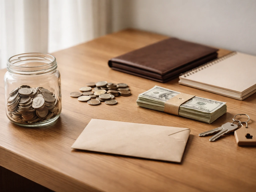 Minimal photo of a desk with coins, a banknote, and a closed folder suggesting assets minus debts.