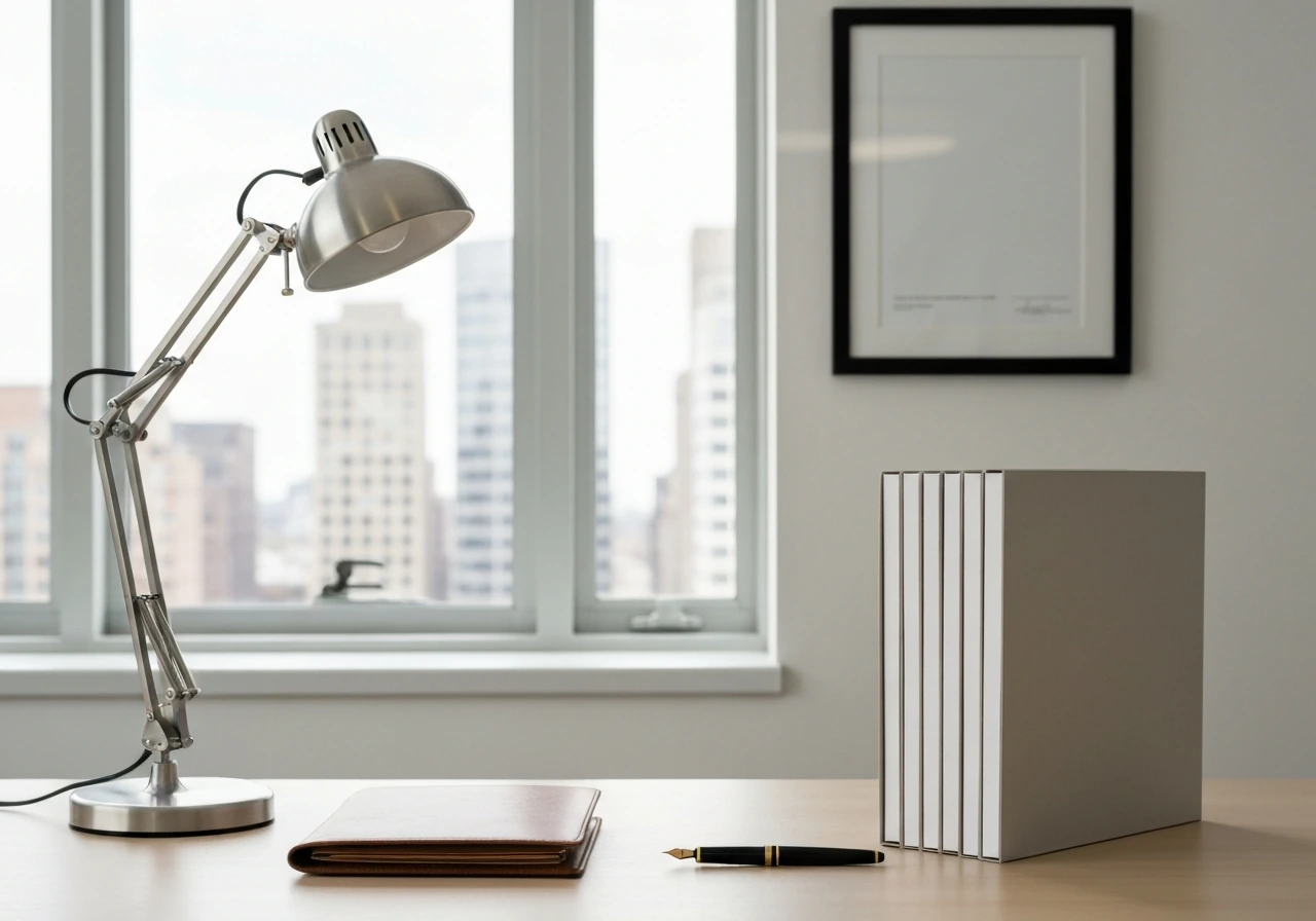 Minimal office desk with business folders, leather portfolio, pen, and a windowed city view suggesting wealth milestones