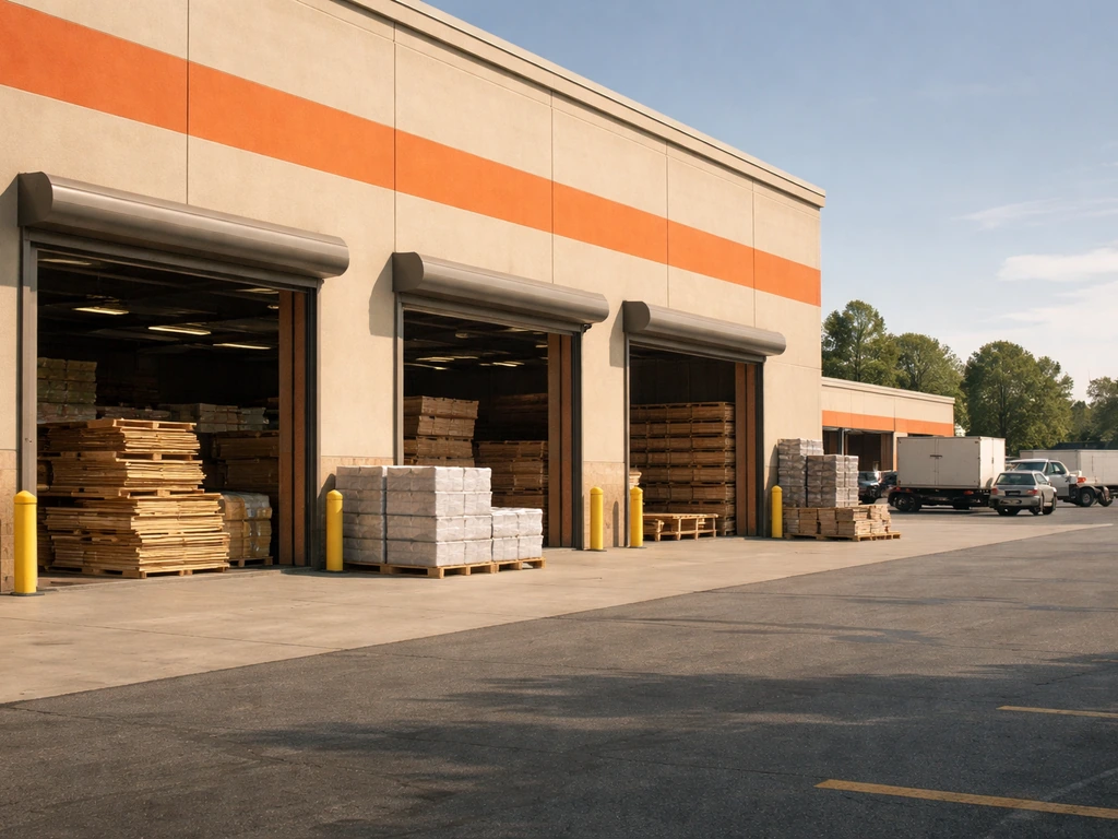 Minimal home improvement retail storefront with open loading bay doors and stacked materials symbolizing expansion.