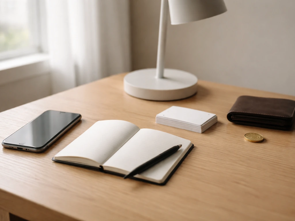 Anonymous financial research scene with iPhone, blank notebook, and blank cards on a wooden desk.