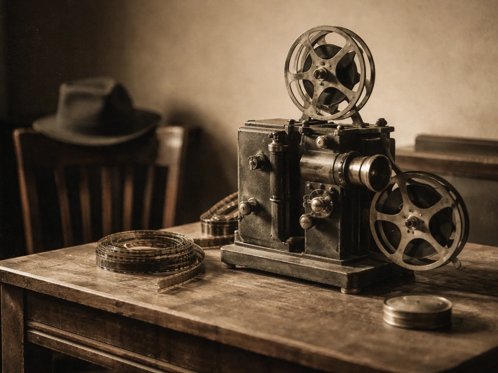 Vintage film-industry pioneer scene with an old projector and a softly lit, archival office desk