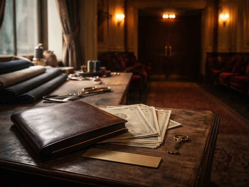 Minimal vintage theater lobby scene with a portfolio, key, and tailoring tools on a worktable.