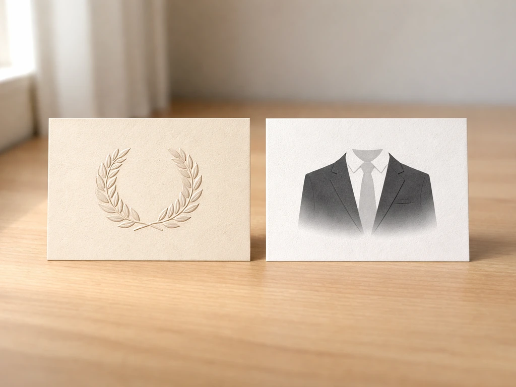 Two side-by-side cards on a wooden desk: Roman laurel impression vs modern suit collar silhouette.