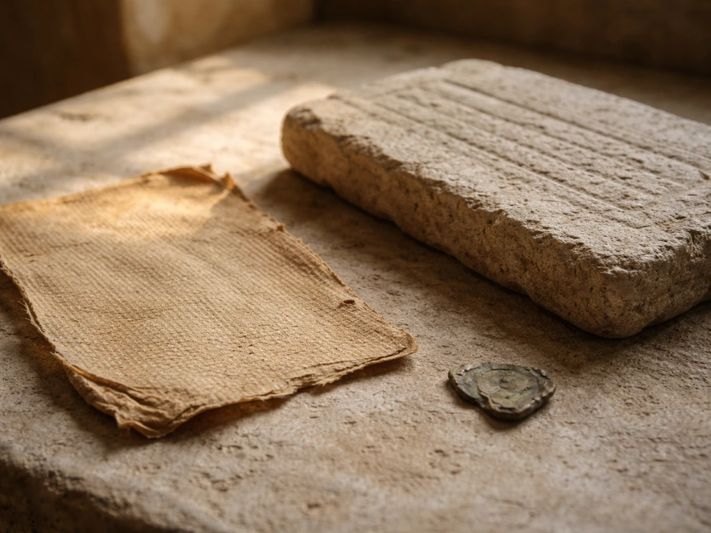 Close-up of Roman administrative artifacts—weathered papyrus and engraved stone—evoking imperial finances research.
