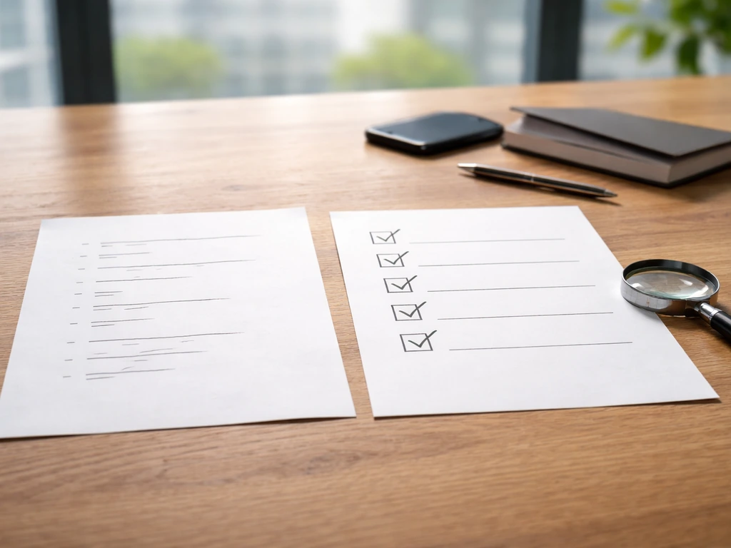 Desk with two contrasting blank check-style papers and a magnifying glass, symbolizing weak vs solid estimates.