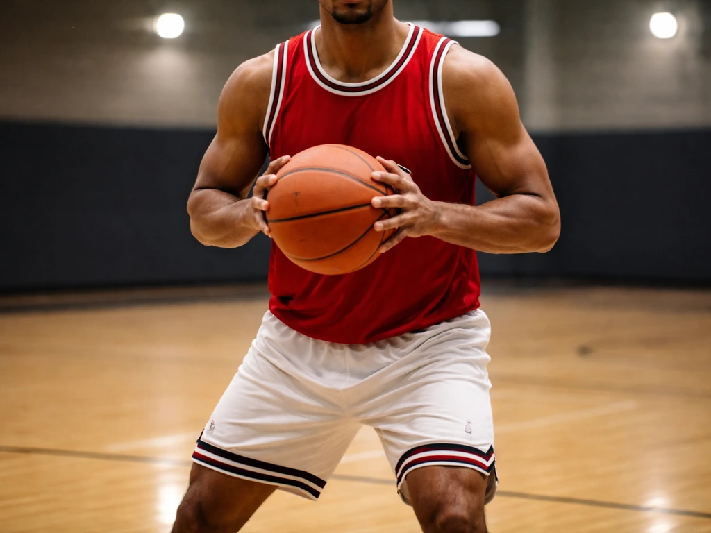 Basketball player in vintage Bulls-style uniform holding a ball on an indoor court