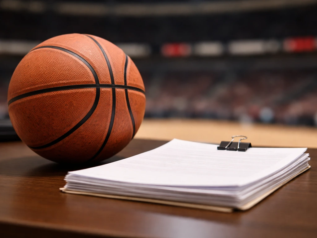 Close-up of a Bulls-era basketball and contract paperwork on a desk, symbolic of NBA contracts.
