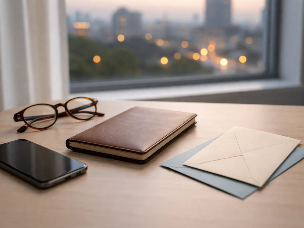 Minimal desk scene showing confusion-free name comparison concept with muted business items