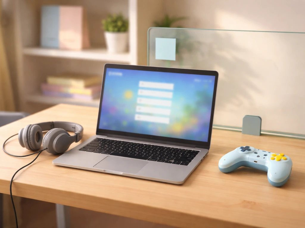 Minimal indie game studio desk setup with laptop, headphones, and controller in soft natural light.