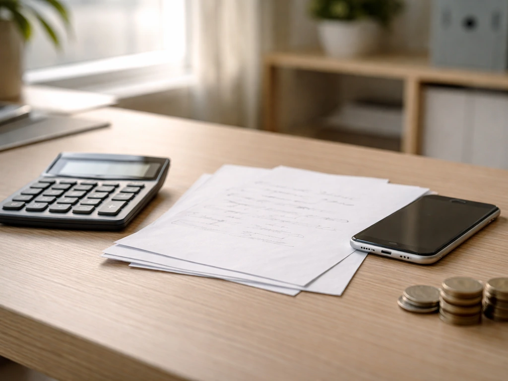 Minimal office desk scene with scattered documents and a smartphone, symbolizing varying wealth estimate ranges.