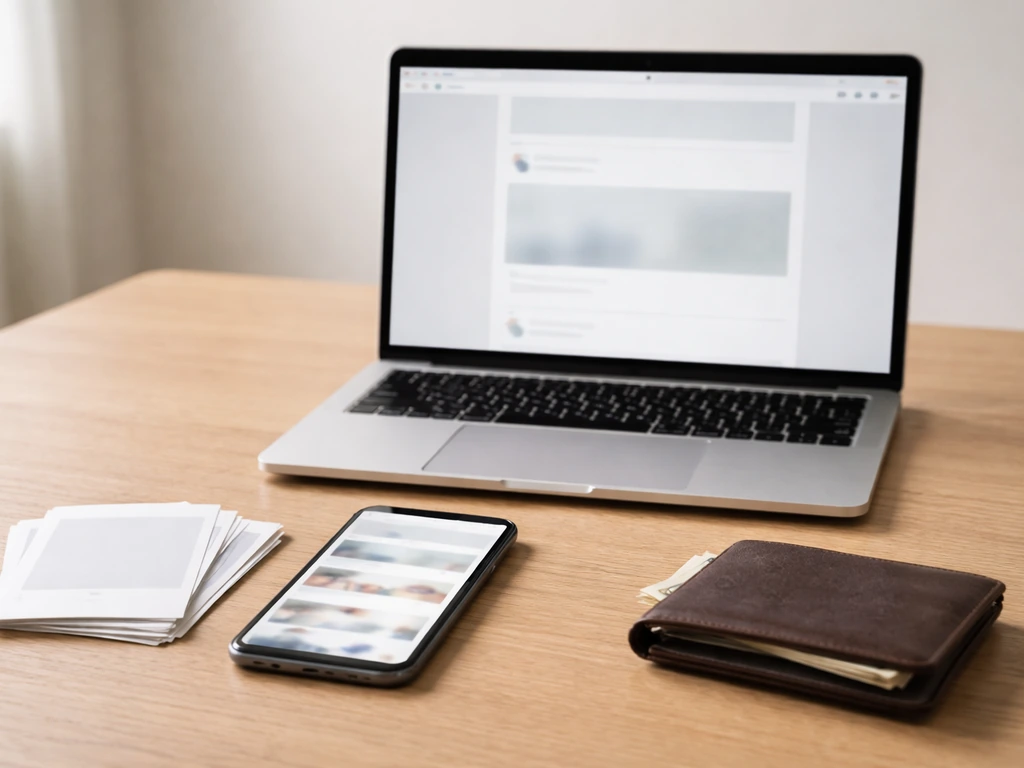 Minimal desk scene with a phone, wallet, and laptop open to generic social media feeds for verification.