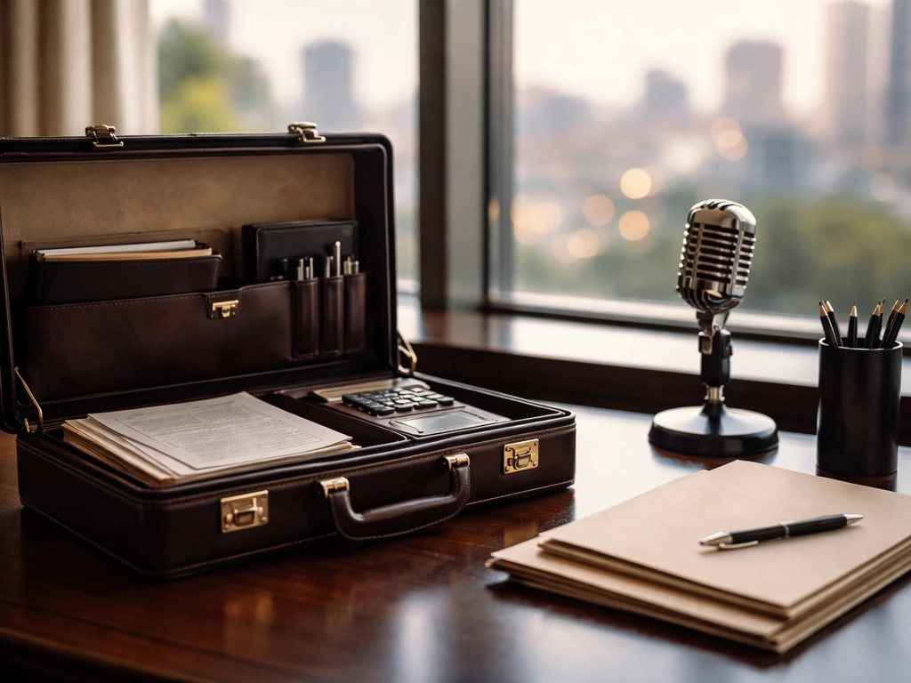 Luxury office desk with a microphone and briefcase, suggesting media-business leadership and net worth research.