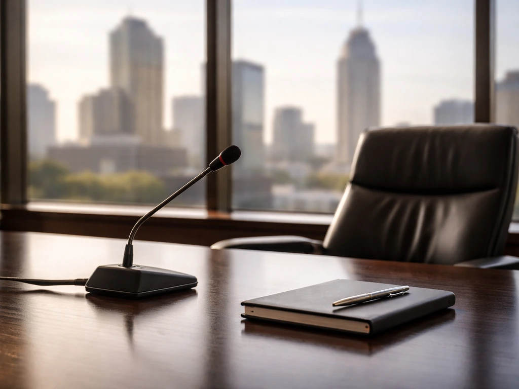 Minimal corporate office desk with microphone and city view, symbolizing executive business leadership.