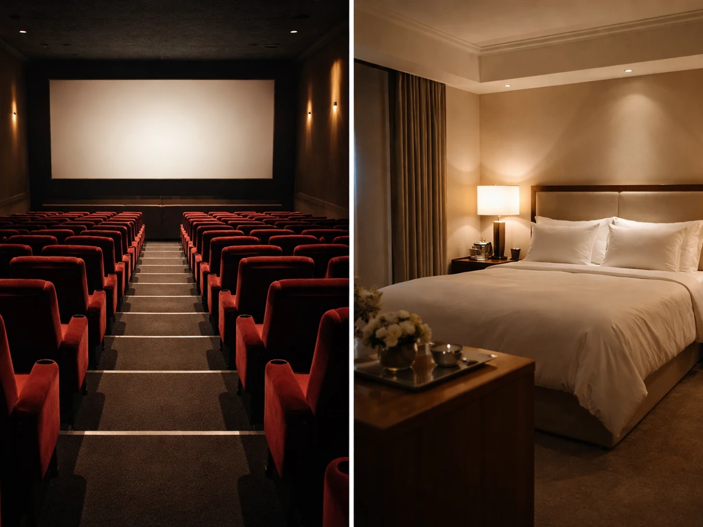 Split image: empty movie theatre auditorium on the left and a quiet upscale hotel lobby/room on the right.