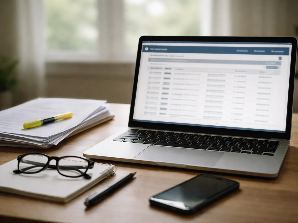 Minimal home-office desk with laptop and documents symbolizing checking a government filing online today.