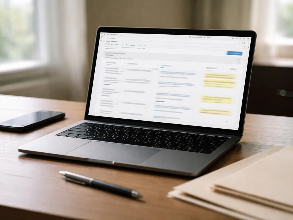 Laptop on an office desk showing blurred mock SEC-style filing search results with highlighted fields.