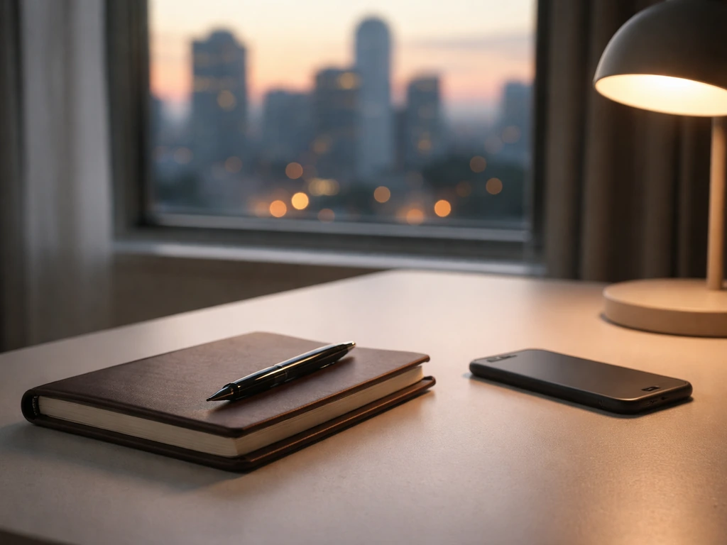 Minimal office desk scene with a worn notepad, fountain pen, and a blurred city skyline beyond the window