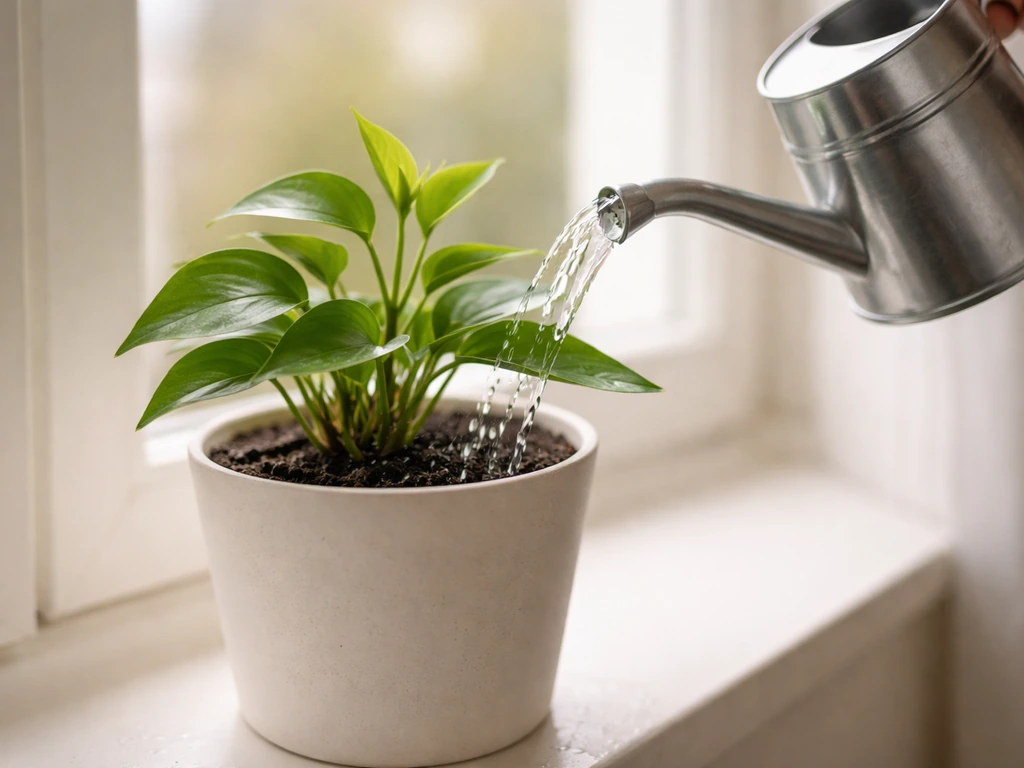 A houseplant with fresh new leaves getting watered from a clean watering can in bright natural light.
