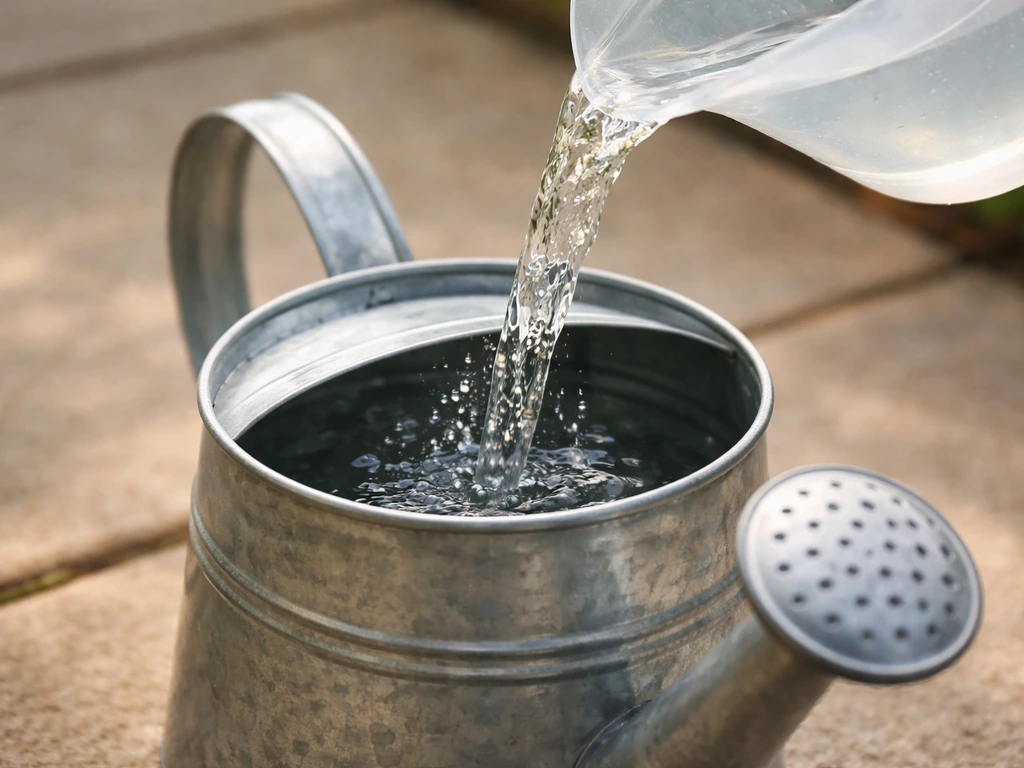 Close-up of a watering can spout with water-soluble fertilizer dissolving as water is poured in.