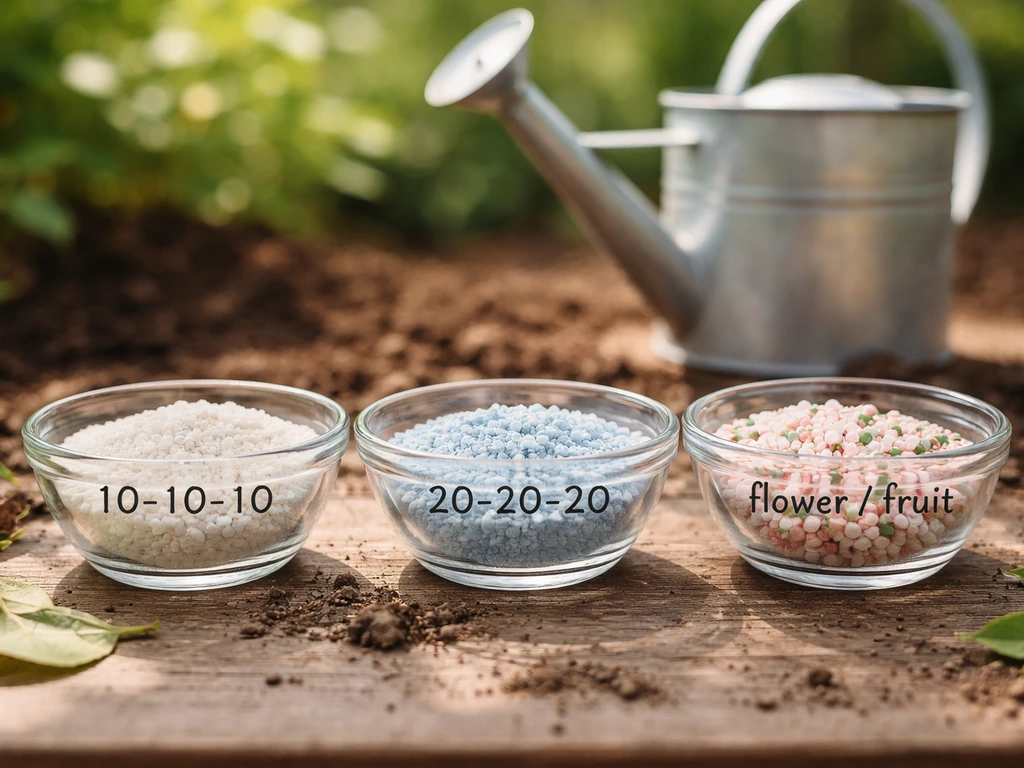 Three small bowls of different fertilizer granules beside a watering can on a clean garden surface.