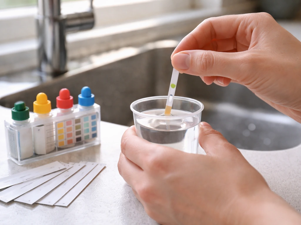 Hands testing tap water pH and disinfectants with a strip and a chlorine/chloramine kit on a countertop.
