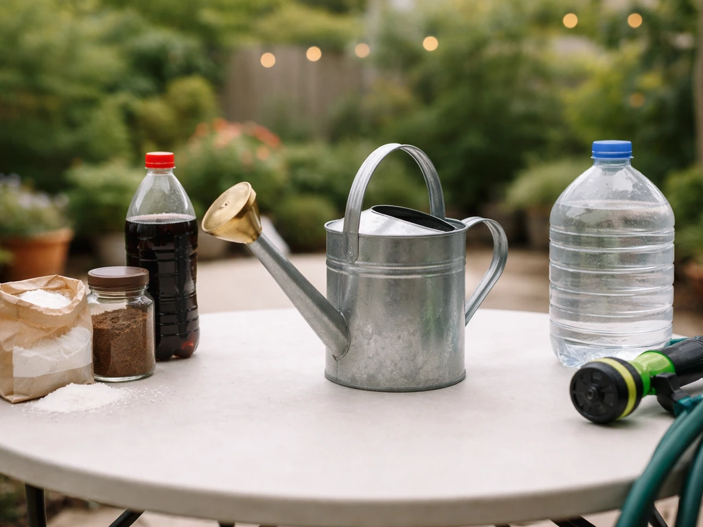 Garden watering can beside sugar and soda bottles on a patio, showing tempting add-ins being avoided