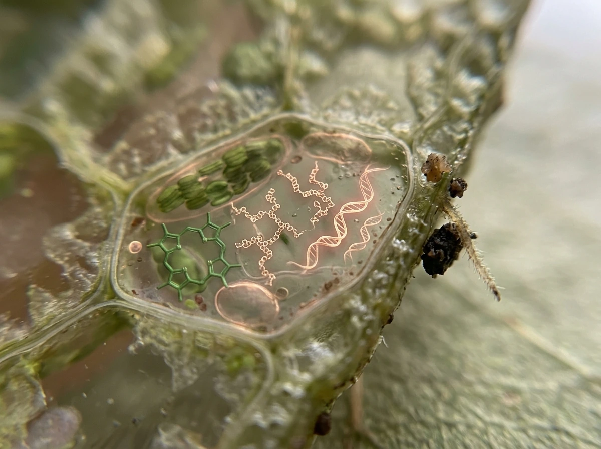 Close-up cross-section graphic showing nitrogen in chlorophyll and proteins inside a leaf cell