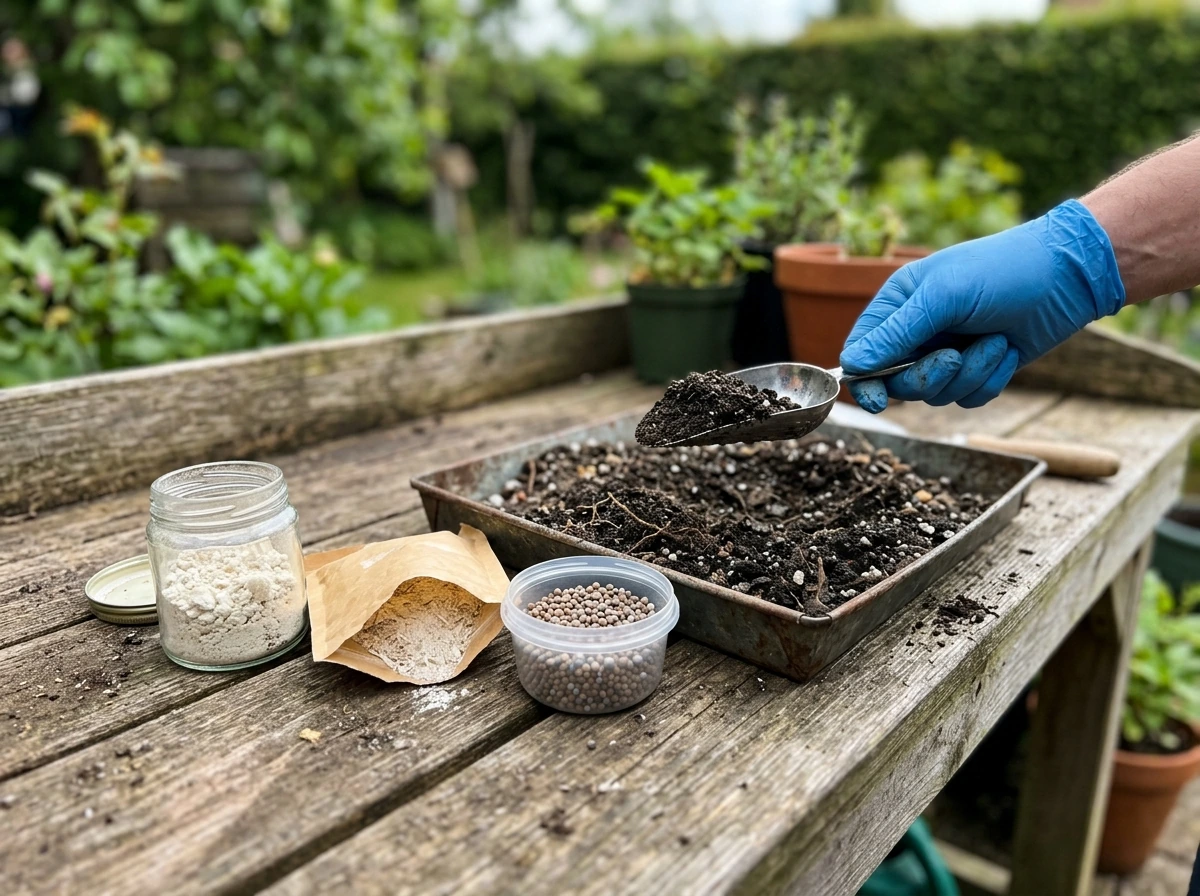 Hand holding a soil sample next to a fertilizer bag and different nutrient sources for comparison