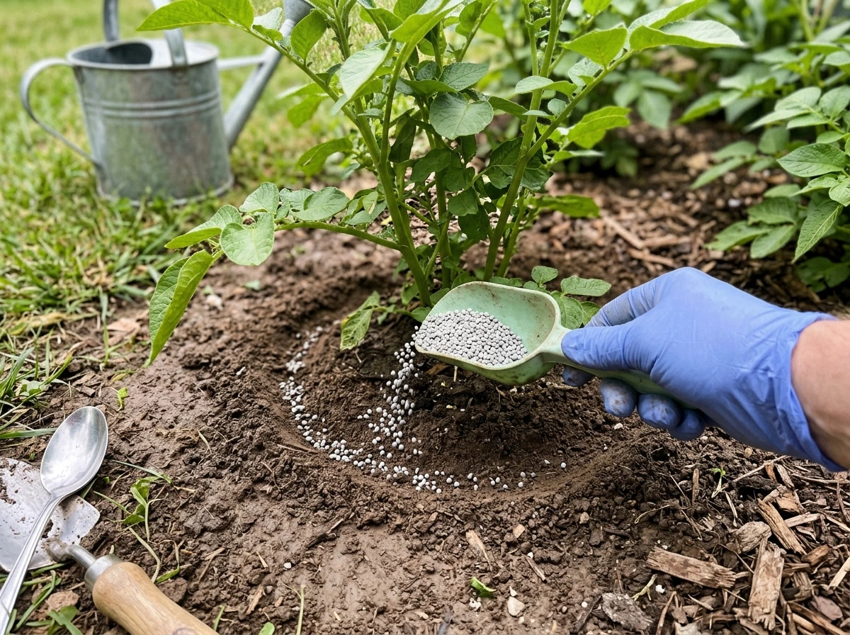 Gardener applying nitrogen fertilizer carefully around plant stems with measured spacing
