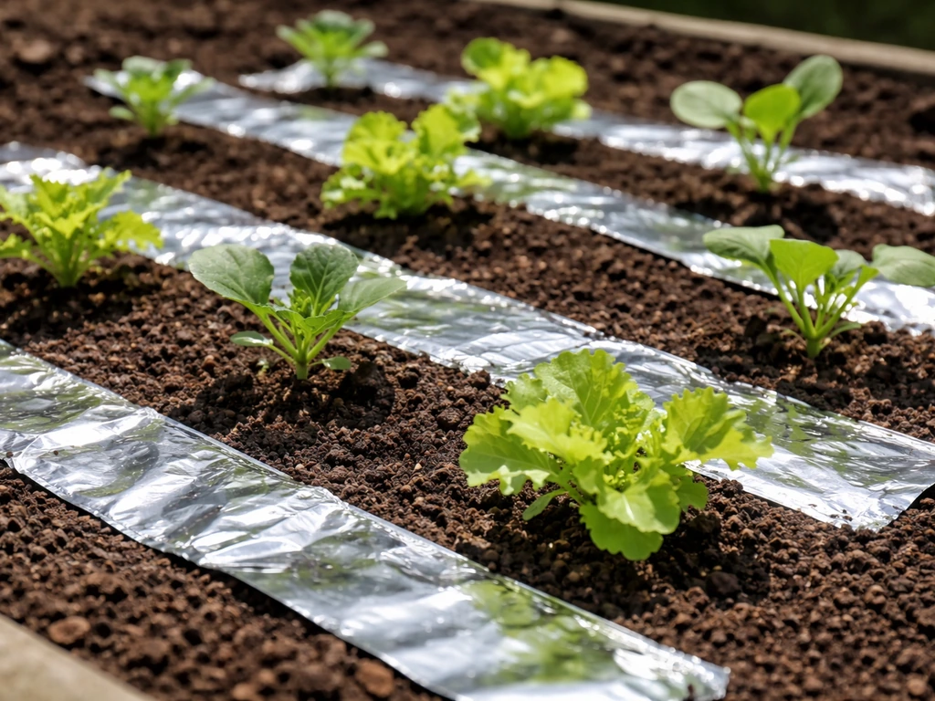 Seedlings in a garden bed with reflective aluminum-foil mulch strips under bright sunlight.
