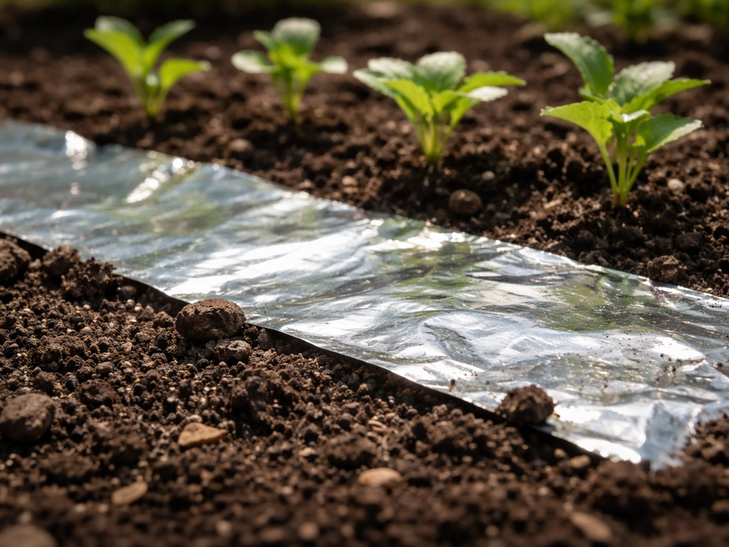 Reflective foil mulch laid flat on dark soil around small green seedlings in a garden bed.