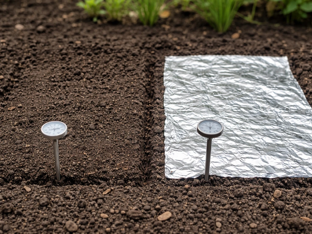 Side-by-side beds showing bare soil and soil covered with aluminum foil, with a soil thermometer in each