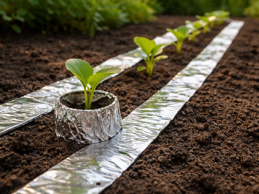 Close view of small vegetable seedlings in a garden row with a reflective foil collar and band of foil along soil.
