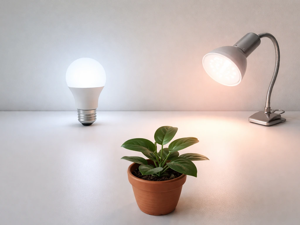 Side-by-side photo of a cool bluish “daylight” bulb and a grow light next to a small potted plant.