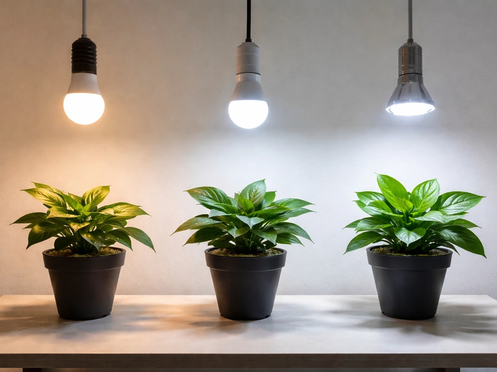 Three potted plants under warm white, daylight, and LED daylight bulbs showing different leaf vibrance.