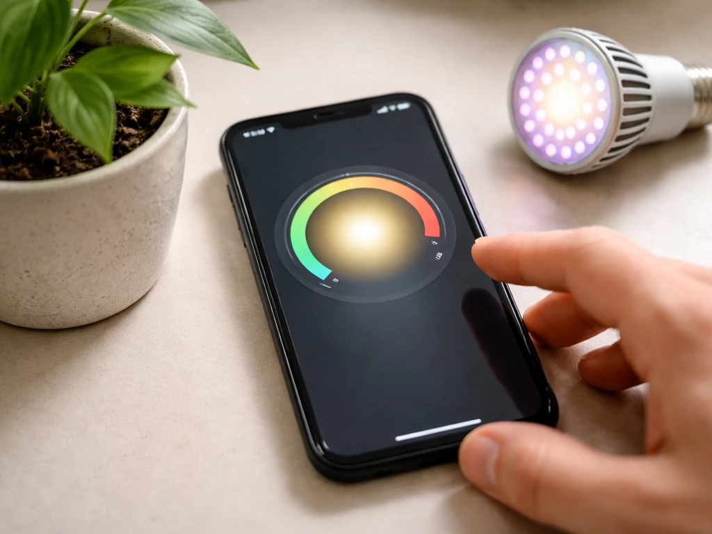 Smartphone beside a small plant and LED bulb in a minimal setup for a quick light intensity check.