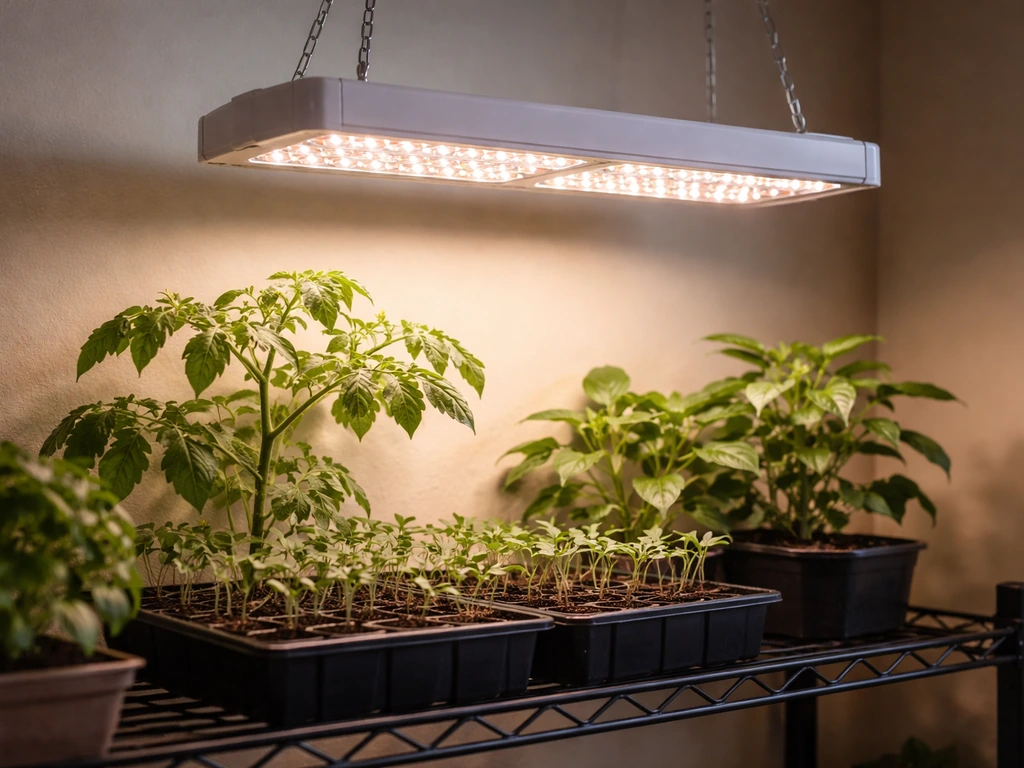 Full-spectrum LED grow light shining over healthy seedlings and small fruiting plants indoors.